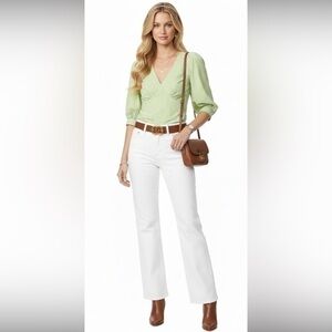 NEW Sanctuary V-Neck Green Striped Poplin Puff Sleeve Top